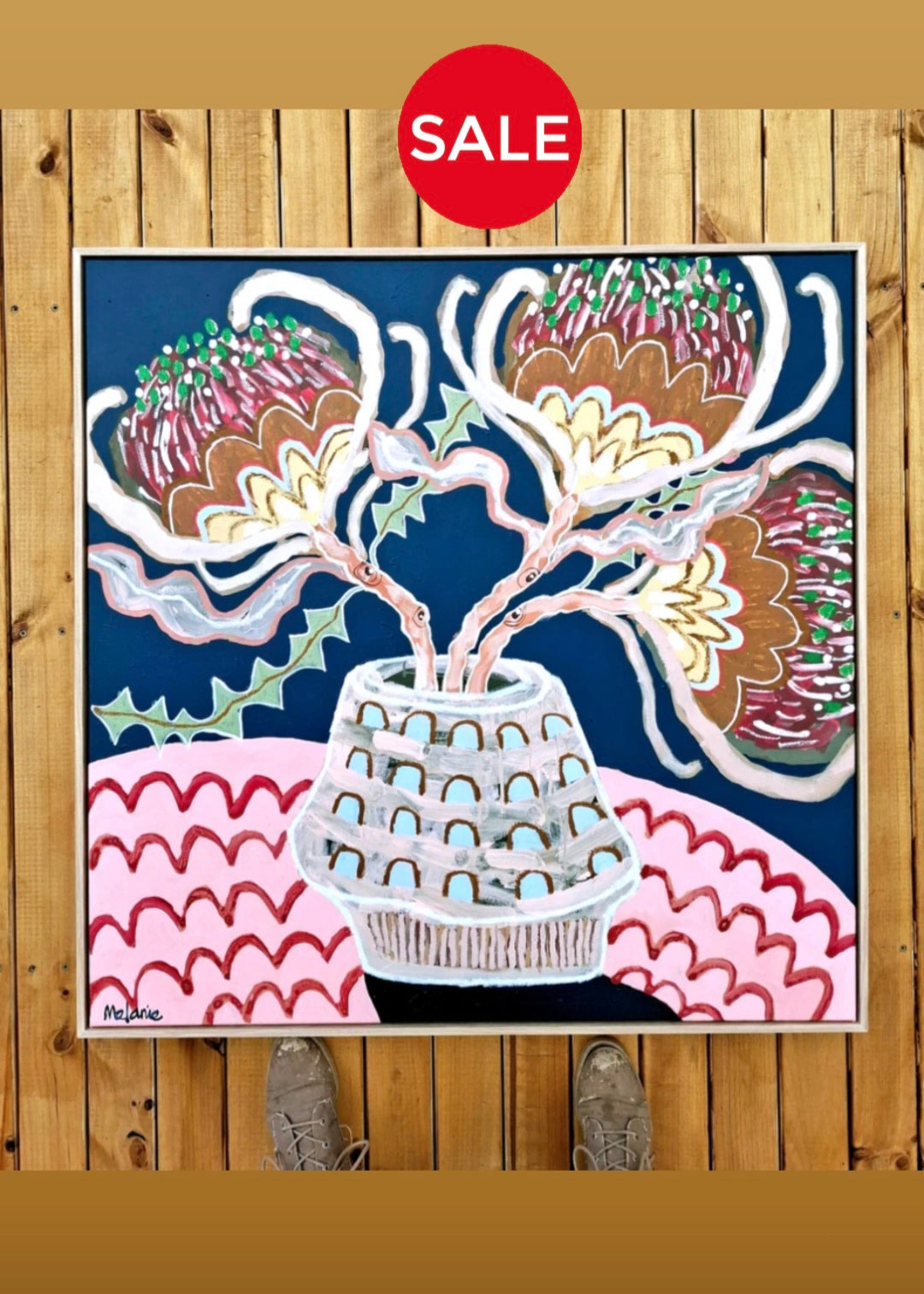 'Banksias with pink tablecloth'
