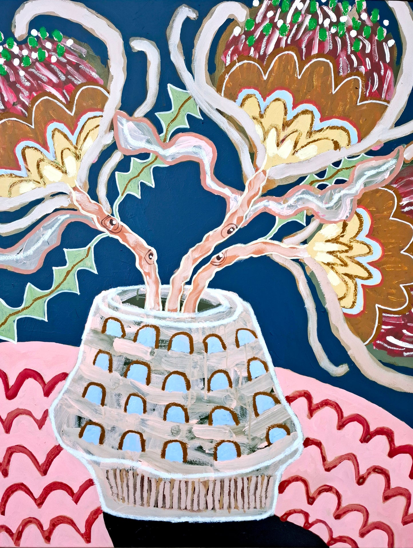 'Banksias with pink tablecloth'