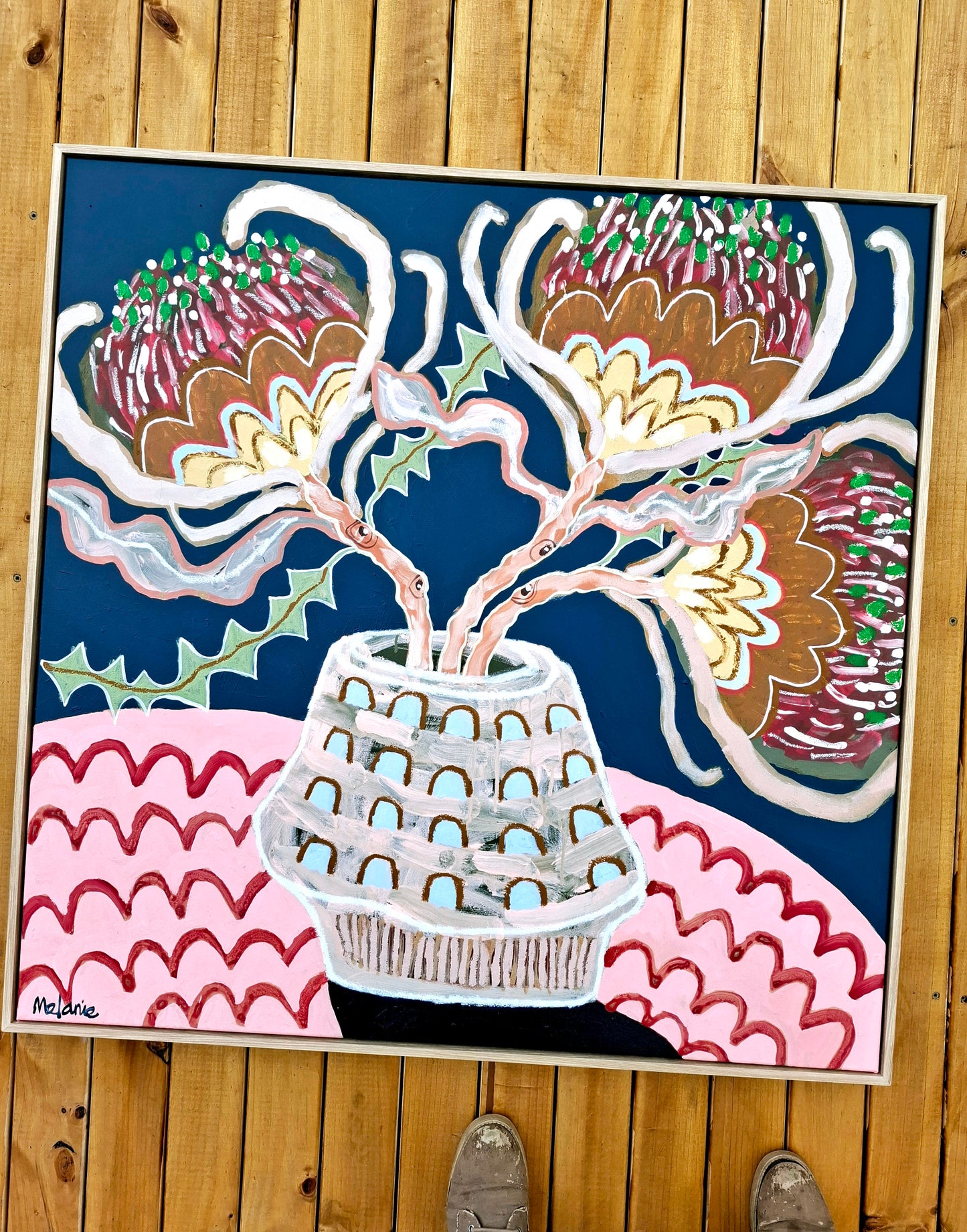 'Banksias with pink tablecloth'