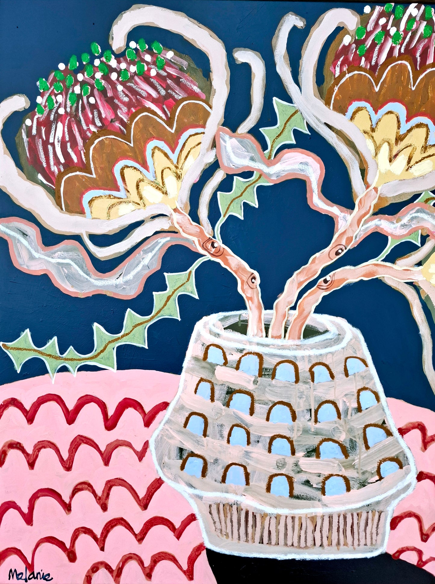 'Banksias with pink tablecloth'
