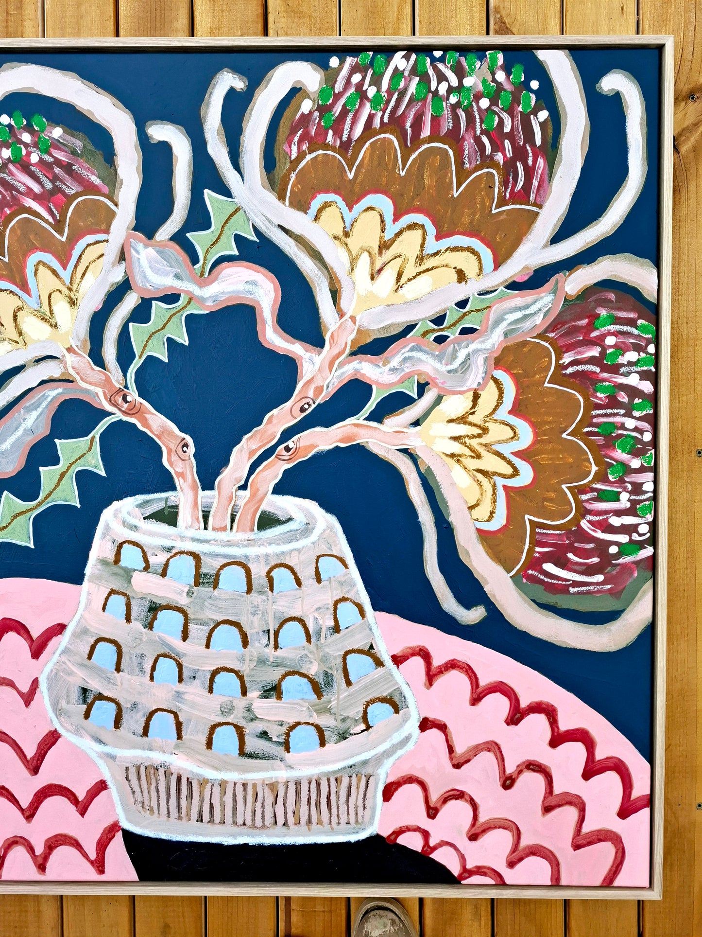 'Banksias with pink tablecloth'