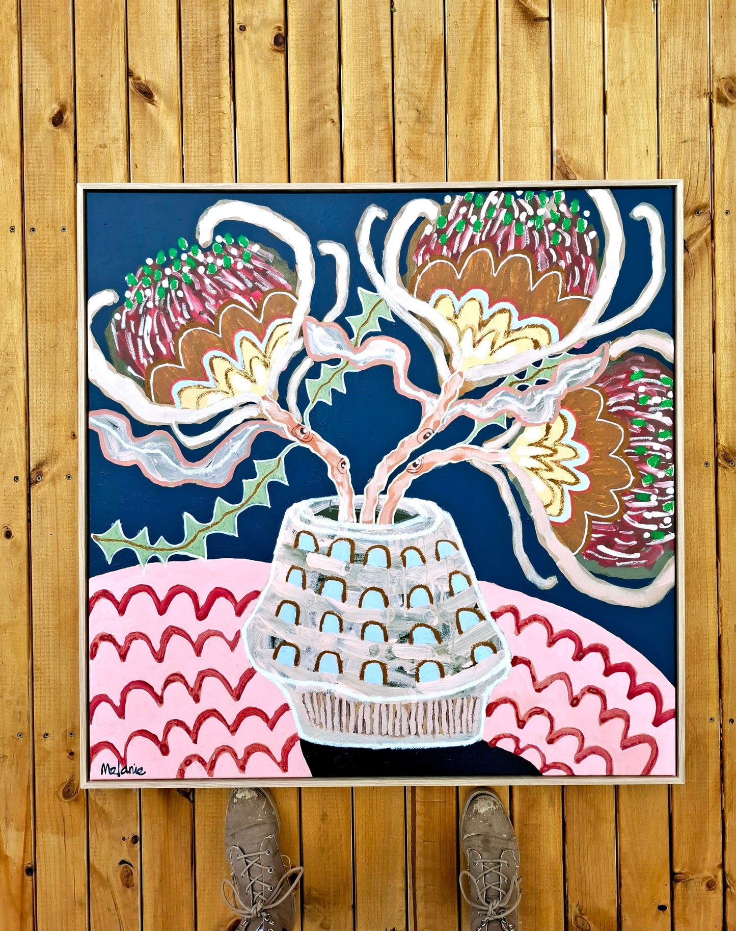 'Banksias with pink tablecloth'