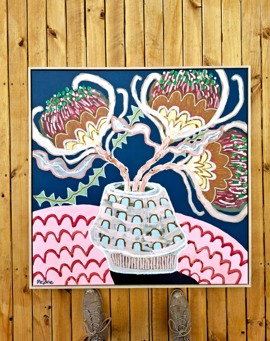 'Banksias with pink tablecloth'