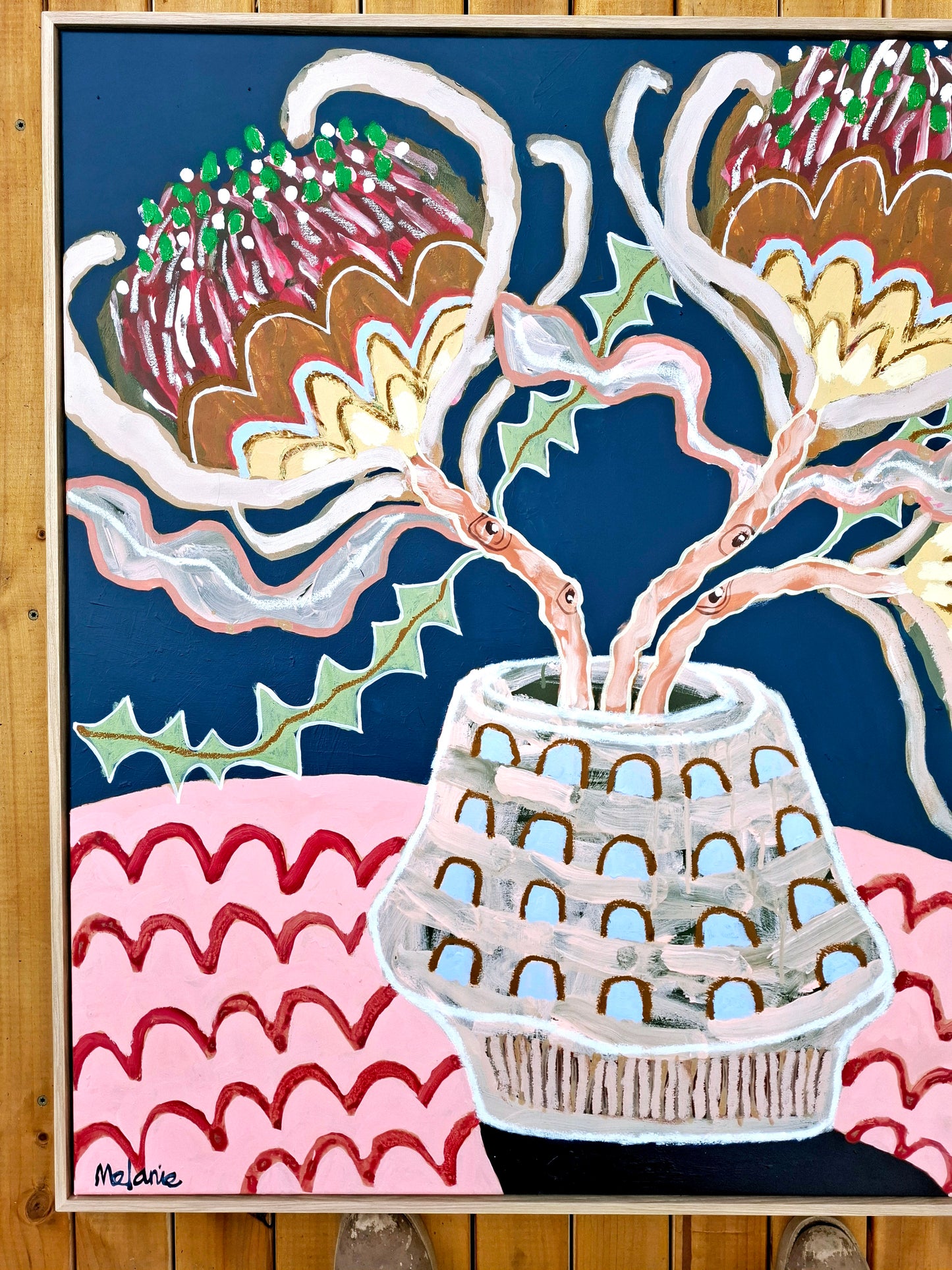 'Banksias with pink tablecloth'